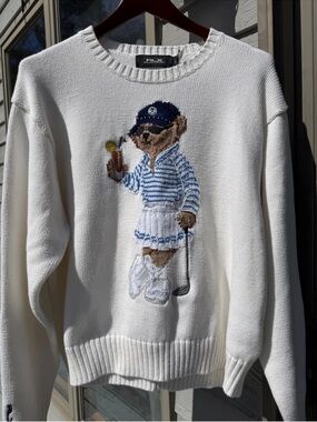 Ralph Lauren White Polo Bear Golf Crewneck Sweater
